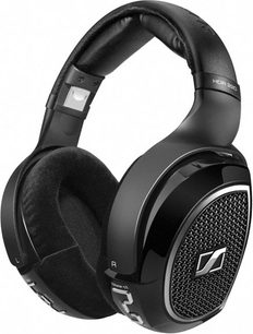 Sennheiser HDR220 sort hovedtelefoner, set fra venstre trekvartersvinkel, ovale ørepuder, polstret hovedbøjle, metalgitre på øretelefoner