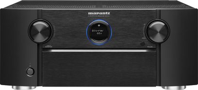 Amplificador de cine en casa Marantz SR7011 negro, vista frontal, panel frontal negro con pantalla azul, dos botones giratorios y tomas en el panel frontal
