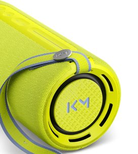 Boxă bluetooth portabilă Loewe We. HEAR pro galben fluorescent cu curelușă gri, vedere de aproape a extremității laterale