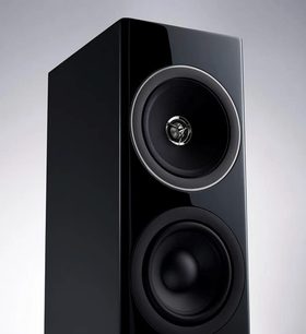 Technics SB-G90M2 black lacquered floor-standing speaker, front view, two circular speakers, tweeter above the woofer