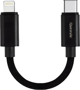 Questyle LTC-02 Lightning-til-USB-C-kabel, kort, sort, med flettet kappe og blanke sorte stik