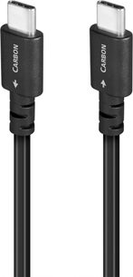 Kabel USB C do C 1,5 m z metalowymi srebrnymi złączami, czarnymi cylindrycznymi końcówkami o teksturowanej powierzchni i białymi strzałkami nadrukowanymi.