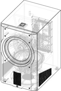 Subwoofer Perlisten D215s čierny lakovaný, pohľad v perspektíve, priehľadná konštrukcia, predný kruhový reproduktor, spodné bassreflexové otvory