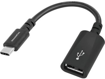 Cavo USB-C nero Audioquest DragonTail, connettori USB-C e USB-A, curvato, logo bianco sul connettore USB-C