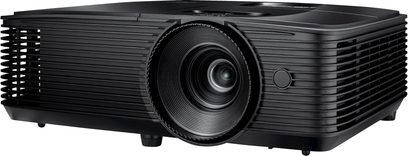 Optoma HD28e sort videoprojektor, set forfra, centreret linse, sideventilationsriste, afrundet rektangulær form