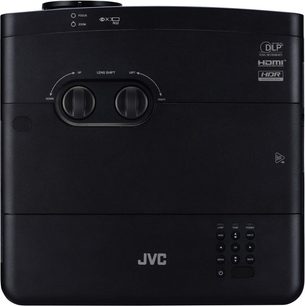 JVC LX-UH1 sort videoprojektor, set forfra, med to justeringsdrejeknapper, en HDMI-port og en USB-port på højre side
