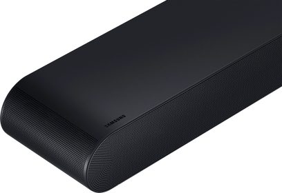 Black Samsung HW-S66D soundbar, front view, elongated rectangular shape with metal grille on the front face