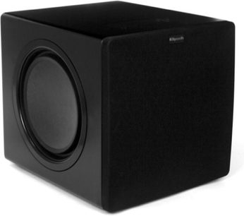 Klipsch SW-311 sort subwoofer set forfra i 3/4 vinkel, cirkulær højttaler, basrefleksport