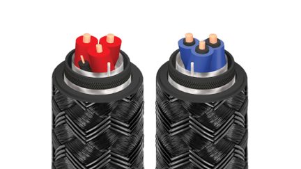 Two black braided-sleeve cables in cross-section, metallic shielding, red and blue insulated copper conductors