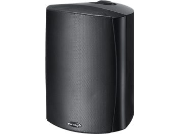 Caixa acústica externa Paradigm Stylus 370 preta, vista frontal, grade perfurada retangular arredondada, gabinete preto liso