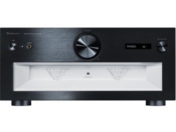 Technics SU-R1000E-K stereo hi-fi forstærker, set forfra, sort front med sølvfarvede knapper og drejeknapper, hvid baggrundsbelyst VU-meter display
