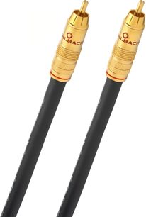 Skråt nærbillede af to Oehlbach NF 214 Sub 10m RCA-stik i guldbelagt metal med skridsikre riller og rød ring, sort kabel med fleksibel plastkappe