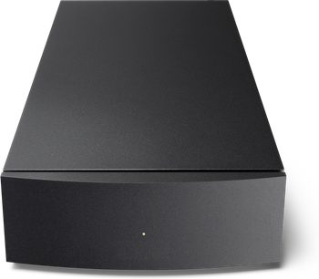 Rektangulært mat sort kabinet med et grønt lysende punkt, set forfra, separat strømforsyning Naim Audio NAPSC 2