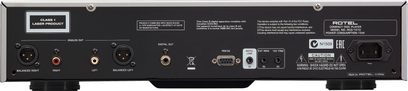 Vysokofrekvenční CD přehrávač Rotel RCD-1572 MKII černý, zadní pohled, analogové a digitální audio konektory, napájecí zásuvky