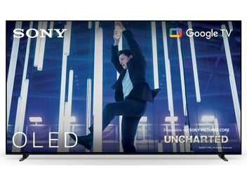 Televizor Sony BRAVIA 8 65XR80 high definition, negru, cu șasiu metalic și ramă ultra-subțire, panou OLED plat și picioare laterale subțiri, prezentat din față