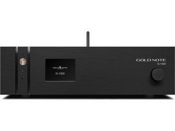 Ενσωματωμένος hi-fi ενισχυτής Gold Note IS-1000 σε μαύρο βουρτσισμένο μέταλλο, πρόσοψη, κεντρική οθόνη, δεξιός επιλογέας, πίσω κεραία