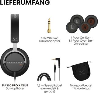 Lukket kablet hovedtelefon Beyerdynamic DJ 300 PRO X CLUB sort, plast, med 6,35 mm adapter, ørepuder og kabel