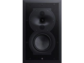 Inbyggnadshögtalare för vägg Perlisten R4i-LCRS, frontvy, rektangulär svart panel, 2 runda högtalare, 1 diskant.