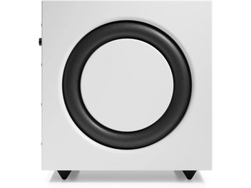 Caisson de grave Audio Pro SW-10 blanc, vu de côté, avec anneau noir autour d’un disque blanc et pieds noirs