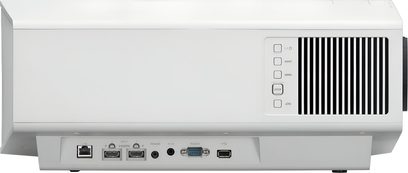 Sony BRAVIA Projector 7 — VPL-XW5100ES hvid, kabinet i mat plast, bagside med stor sort ventilationsrist, række af firkantede knapper plus rektangulær Input-knap og nederste panel med HDMI-, USB- og Ethernet-porte