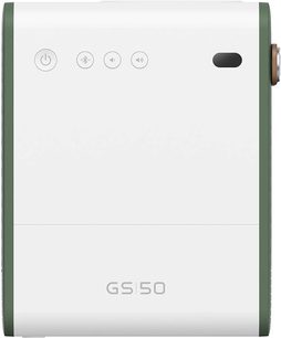 Benq GS50 hvid og grøn videoprojektor, set forfra, med kontrolknapper og linse øverst