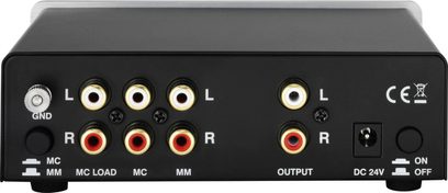 Thorens MM-008 sølvfarget phono-forforsterker, frontvisning, med RCA-kontakter, brytere og LED-indikatorer på svart panel