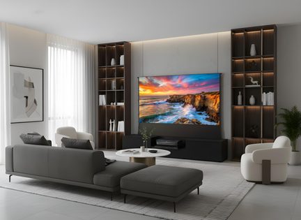 Modern living room, front view, gray sectional sofa, dark wood shelves, white lightweight fabric curtains, large wall-mounted screen
