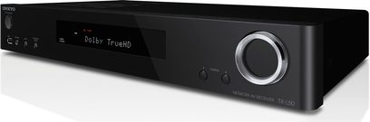 Onkyo TX-L50 sort hjemmebiografsforstærker, frontvisning, display "Dolby TrueHD", knapper og justeringsknap, hovedtelefonstik