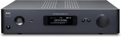 NAD C389 sort hi-fi stereforstærker, set forfra, blå LED-display, kontrolknapper og -hjul, hovedtelefonstik foran
