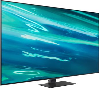 Televizor Samsung QE65Q80A 2021 s plochou obdélníkovou obrazovkou zobrazující abstraktní tyrkysové tvary na tmavě modrém pozadí