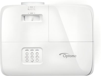 Optoma HD30LV videoprojektor i hvid, plastik, set ovenfra, justeringshjul, focus/zoom-skyder og knappanel
