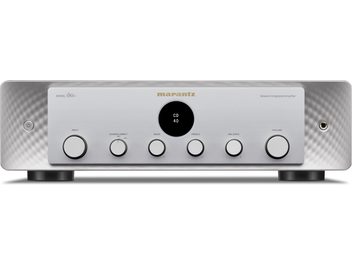 Amplificatore hi-fi stereo Modello 60n argento, vista frontale, pulsanti circolari, schermo centrale nero, piedini cilindrici neri