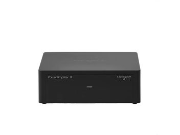 Μαύρος, compact hi-fi ενισχυτής Tangent PowerAmpster III, μινιμαλιστική πρόσοψη με λογότυπο και φωτεινή ένδειξη αναμονής