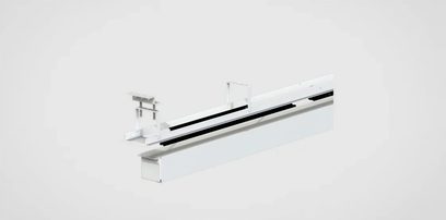 Gemotoriseerd Oray Orion spanplafond Microperf 16/9 262 cm, vooraanzicht, uitgevouwen, bevestigingen en geleidingsrails zichtbaar