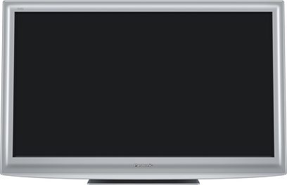 Panasonic TX-L37D28E fladskærm, set forfra, slukket, sølvfarvet ramme, rektangulær sort skærm