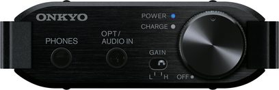 Onkyo DAC-HA200 sort audio DAC-konverter set forfra, knapper og lydstik på forsiden, sølvfarvet lydstyrkehjul