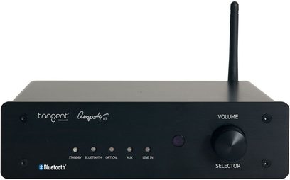 Hi-fi stereo zesilovač Tangent Ampster BT černý. Přední panel s tlačítky, konektory a voličem. Pohled zepředu