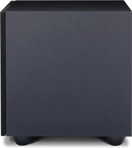 Paradigm Defiance V10 sort satineret baskabinetfrontvisning, kubisk form, mat sort finish, sort frontgitter