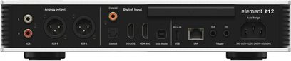Matrix Audio Element M2 Netzwerk-Audioplayer aus silbernem Aluminium, Rückseite schwarz, Rückansicht, RCA- und XLR-Ausgänge, HDMI-, USB-, optische und koaxiale Eingänge, LAN-Anschluss und IEC-Netzbuchse