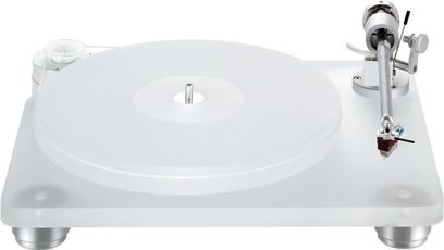 Gramofon ClearAudio Emotion SE, widok z góry, zamontowane ramię i wkładka, przezroczysty talerz, biała obudowa