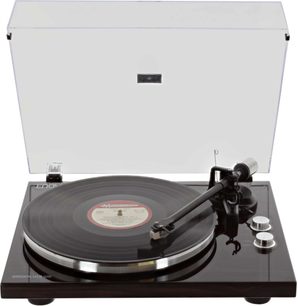 Enova HIFI Vision 4 USB pladespiller i mørk valnød, set ovenfra, tonarm med pickup, sort pladedrev, åben låg