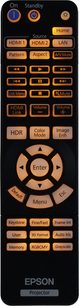Black remote control with multicolored buttons and LCD screen displaying "On Standby", "Source", and "Home" for Epson projector