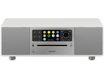 Radio da tavolo Sonoro Prestige bianco lucido - argento, vista frontale, schermo a colori, pulsanti e manopole di controllo, altoparlanti