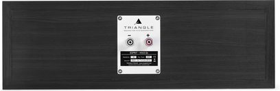 Hlavní reproduktor Triangle Voce série EZ v provedení black ash, přední pohled se dvěma kulatými reproduktory v červeno-černé barvě, pohled zepředu