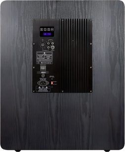 Tonewinner SW-D8000 subwoofer set bagfra, grå træ-kabinet med sort forstærkerpanel og lydstik