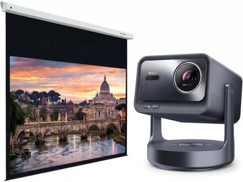 Hall Hisense 4K videoprojektor alusel koos projektsiooniekraaniga, millel on kujutatud Rooma päikeseloojangul