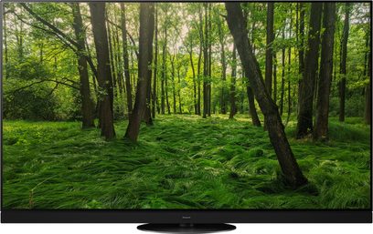 Panasonic TX-65HZ1500E-tv, der viser en tæt og frodig skov med træer, der har slanke og ranke stammer