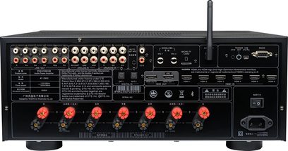 Tonewinner AT-2300 hjemmebiografforstærker set bagfra med flere HDMI- og RCA-indgange, røde højttalerterminaler, Wi-Fi-antenne