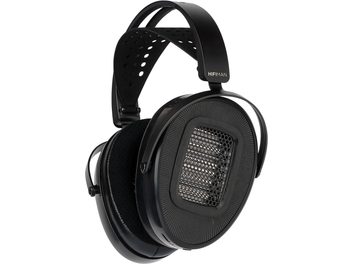 Ακουστικά hi-fi Hifiman Arya μαύρα με αιωρούμενο στέλεχος κεφαλής και μεγάλες ανοιχτές οβάλ ωτοασπίδες, σε λήψη τριών τετάρτων