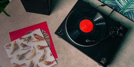 Sort vinylplade set ovenfra, tonearm, sort vinylplade med rød etiket, pladeomslag med illustrationer af fugle